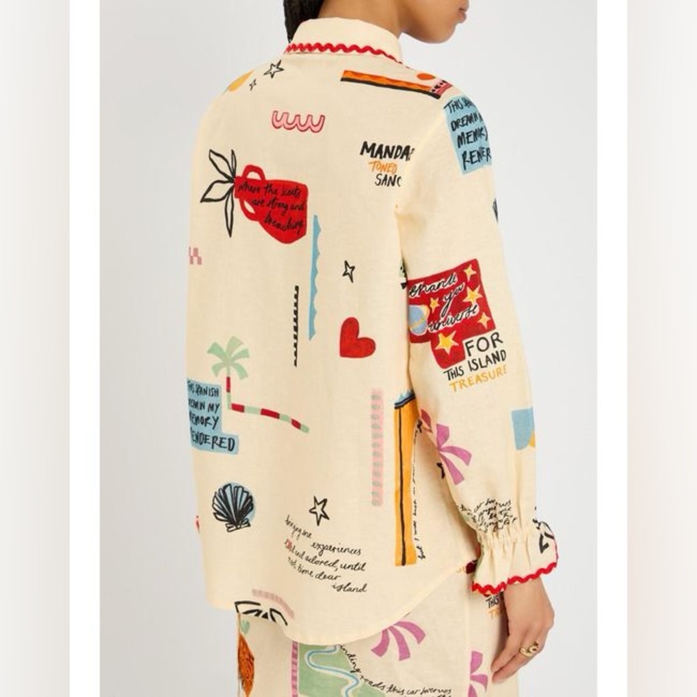 Women NEVER FULLY DRESSED Cream Linen blend Geanie embroidered frill cuff shirt - Picture 3 of 9